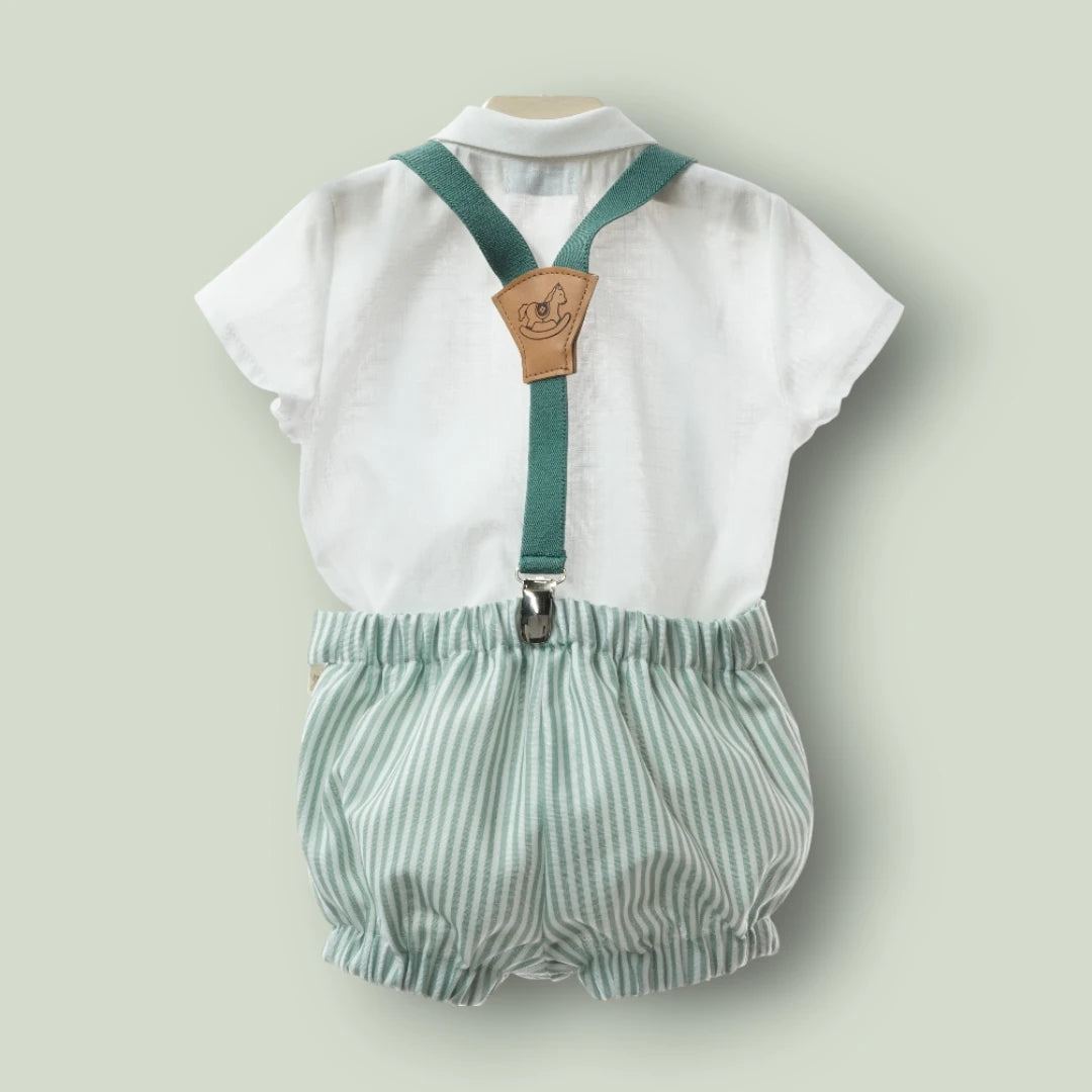Conjunto camisa blanca y short rayas verdes con tirantes "Artesanía"