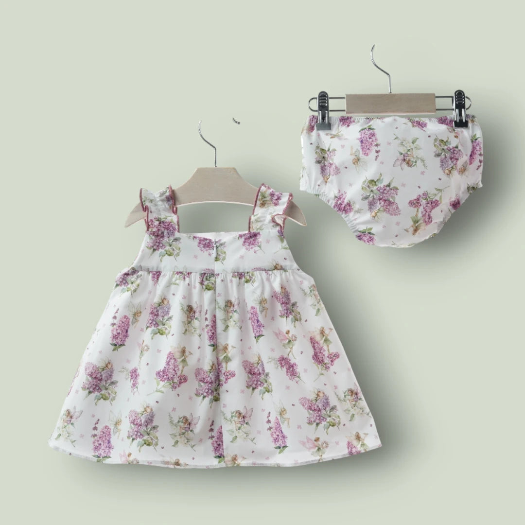 Vestido con braguita haditas y flores malvas "Artesania"