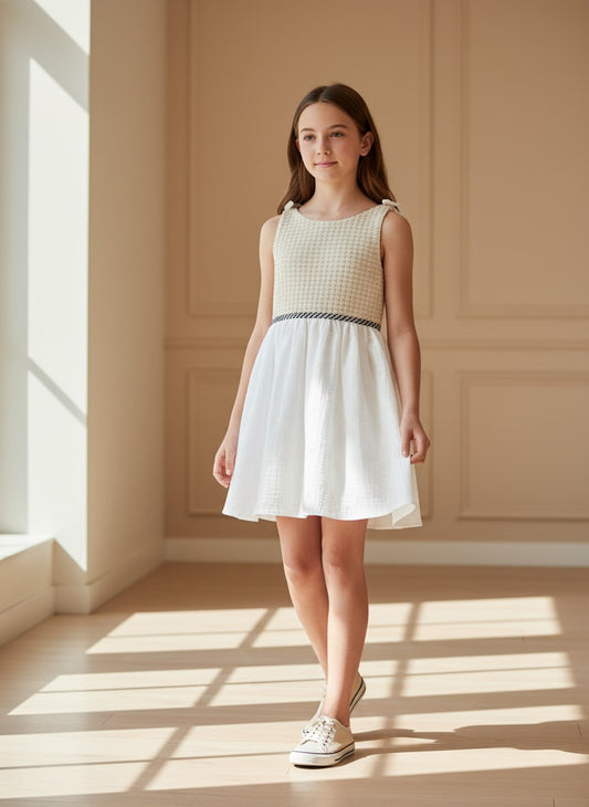 Vestido cuerpo crochet y falda bambula blanca con lazos vichy negro "Cerámica"