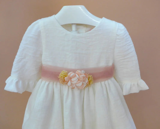 Vestido bambula blanco y fajin rosa - PARDALETS