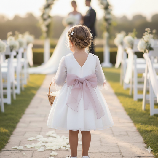 Vestido blanco organza rayada M/F fajín rosa