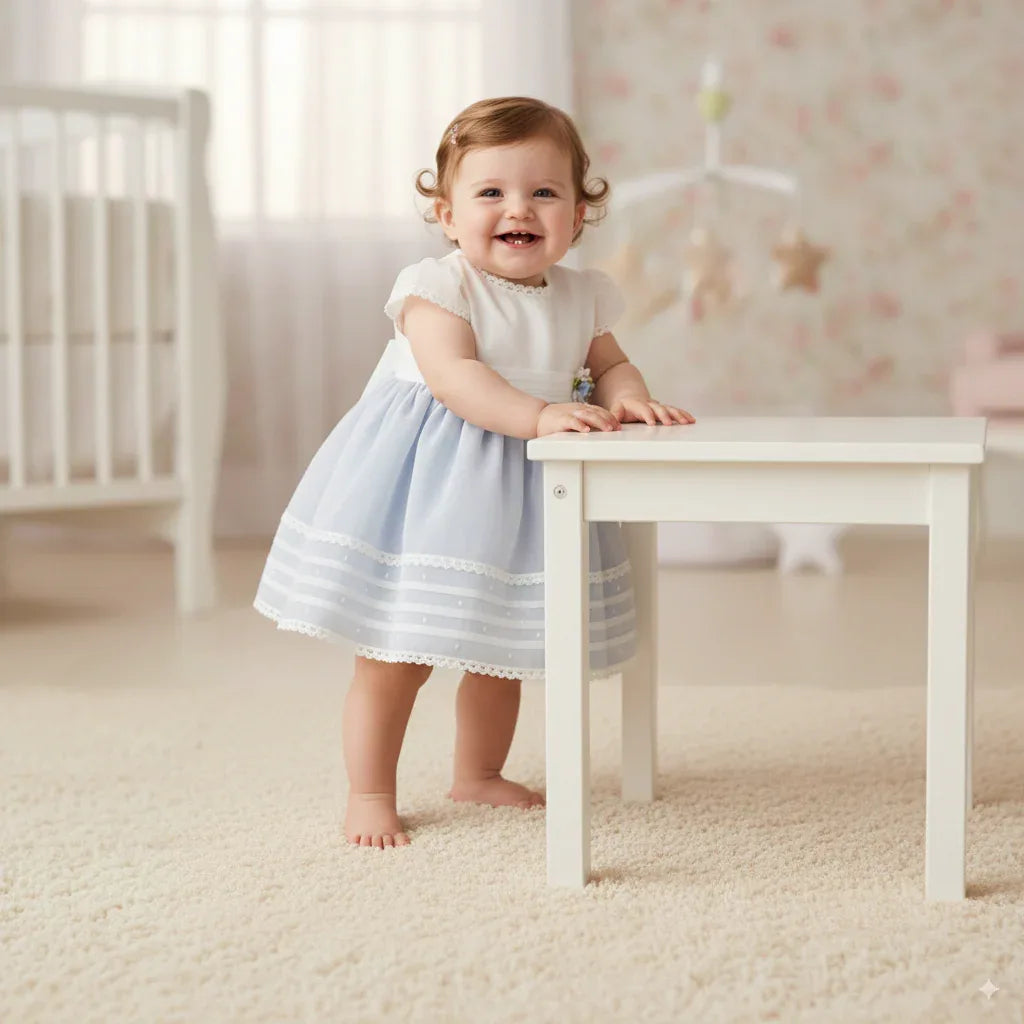Vestido batista inglesa blanco y azul - PARDALETS