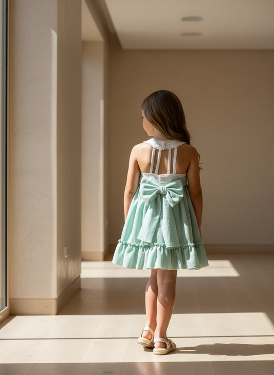 Vestido beig y verde con lazada a la espalda