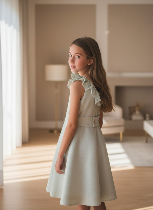 Vestido brocado verde y dorado falda acampanada