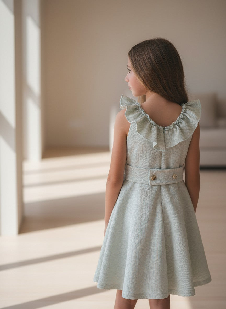 Vestido brocado verde y dorado falda acampanada