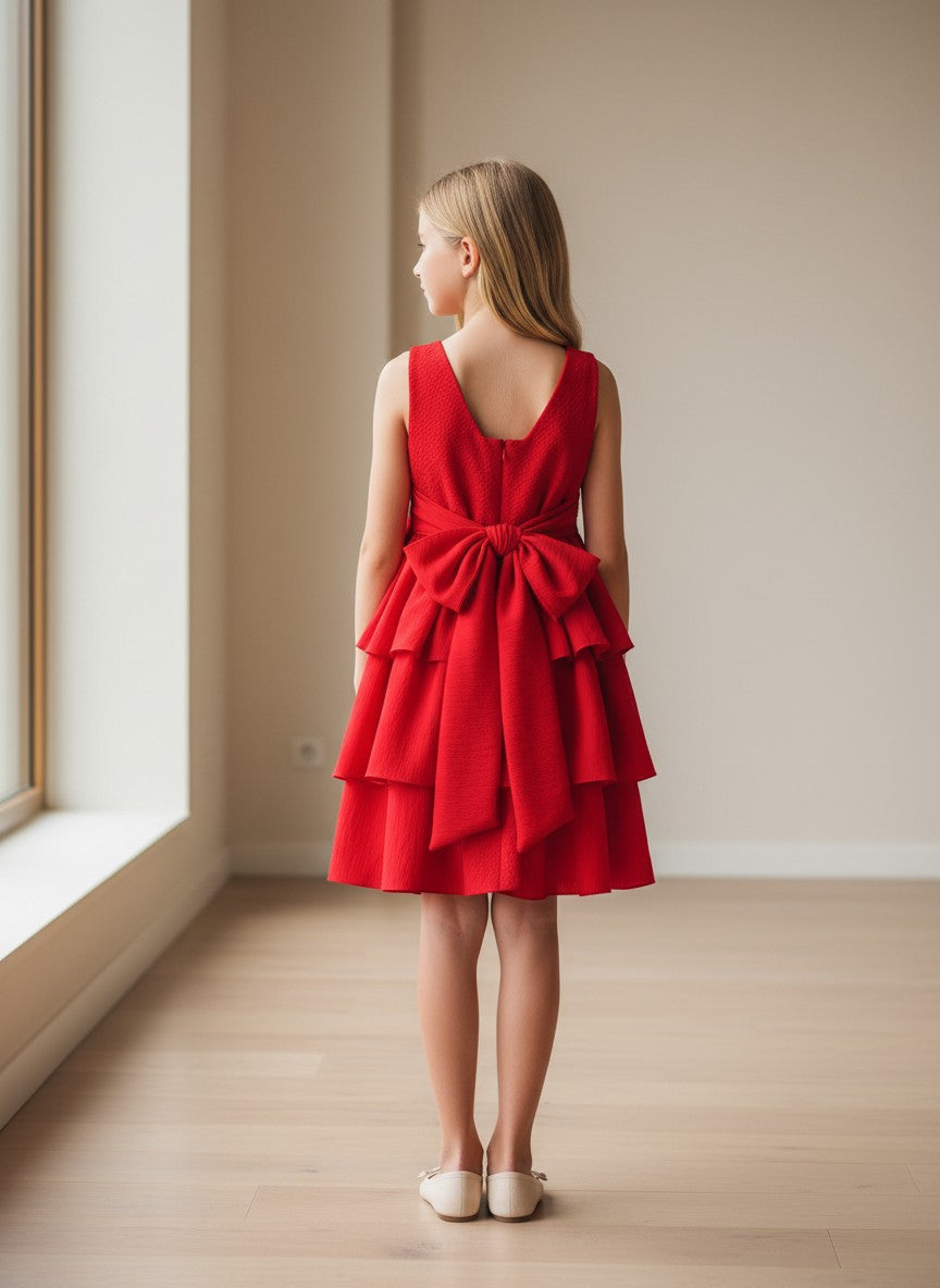 Vestido cuerpo jackard rojo y falda 3 volantes con lazada