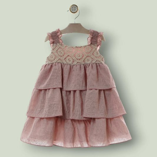 Vestido volantes rosa empolvado cuerpo crocret "Porcelana"