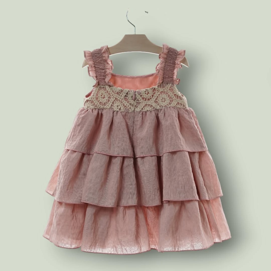 Vestido volantes rosa empolvado cuerpo crocret "Porcelana"