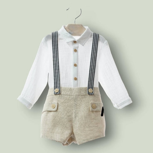 Conjunto camisa blanca MANGA CORTA y short beig con tirantes vichy negro "Ceramica"