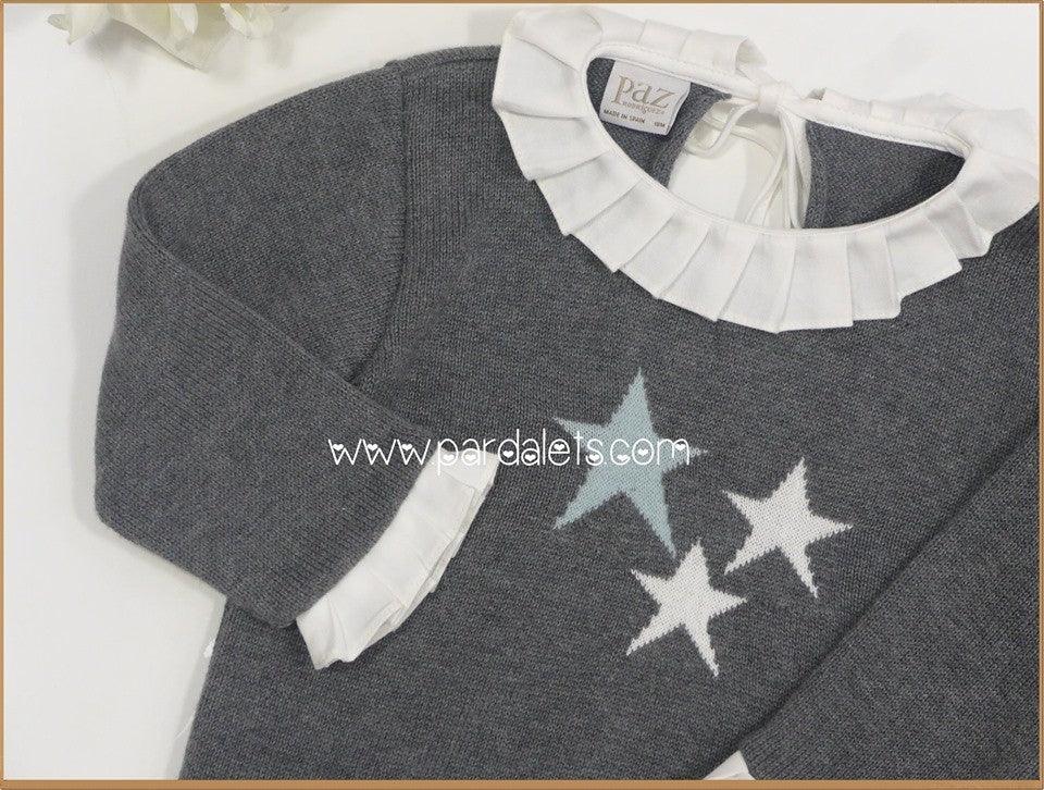 Jersey lana gris con cuello plisado y estrellas bicolor - PARDALETS