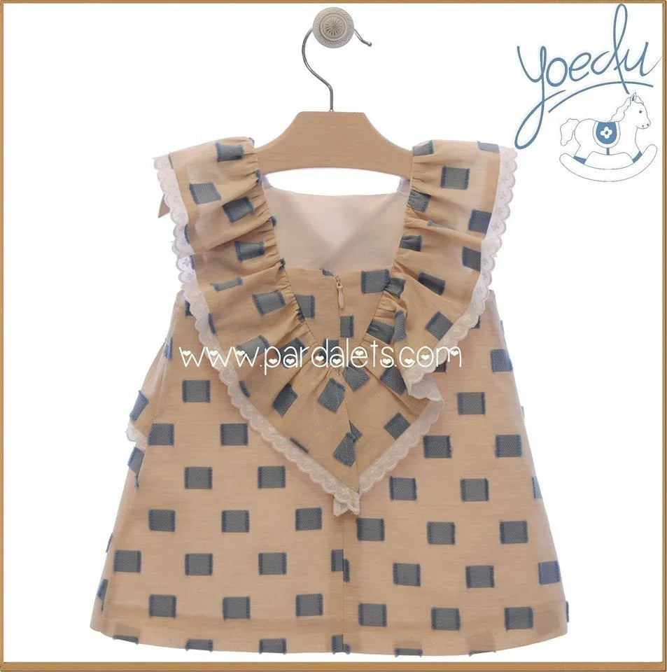 Vestido tostado con pata gallo azul gigante "Azucena" - PARDALETS