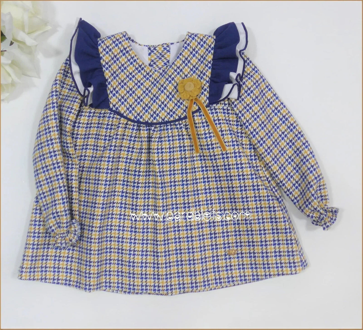 Vestido de pata de gallo azul y mostaza "Arlequin" - PARDALETS