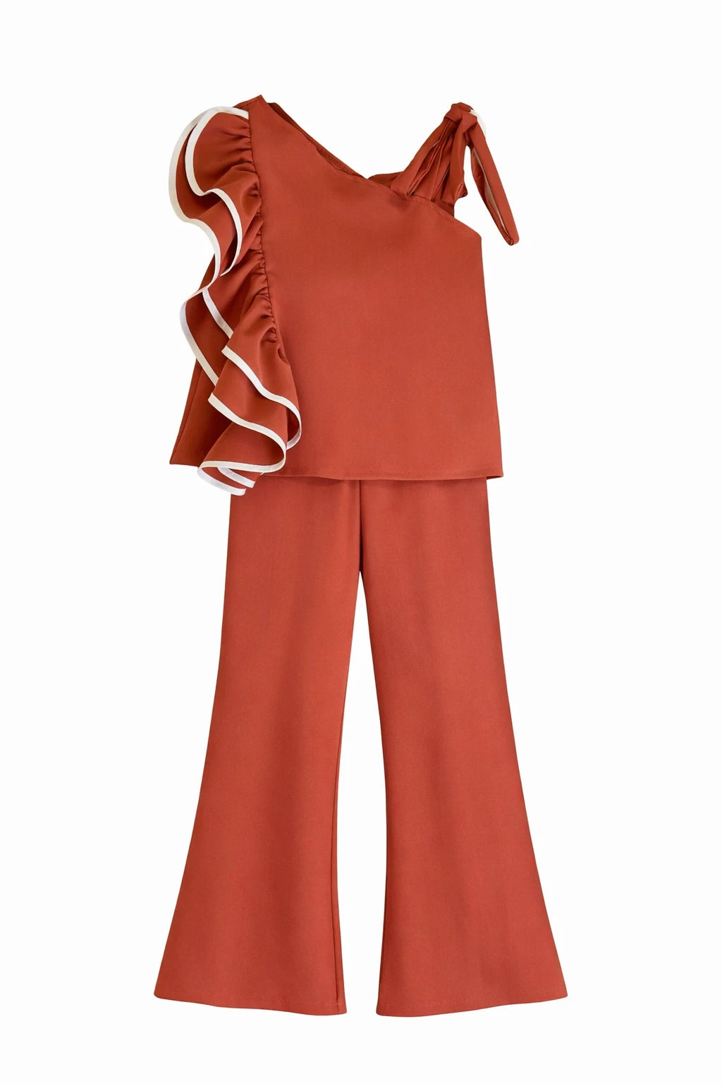 Conjunto top asimétrico teja con volante y pantalón