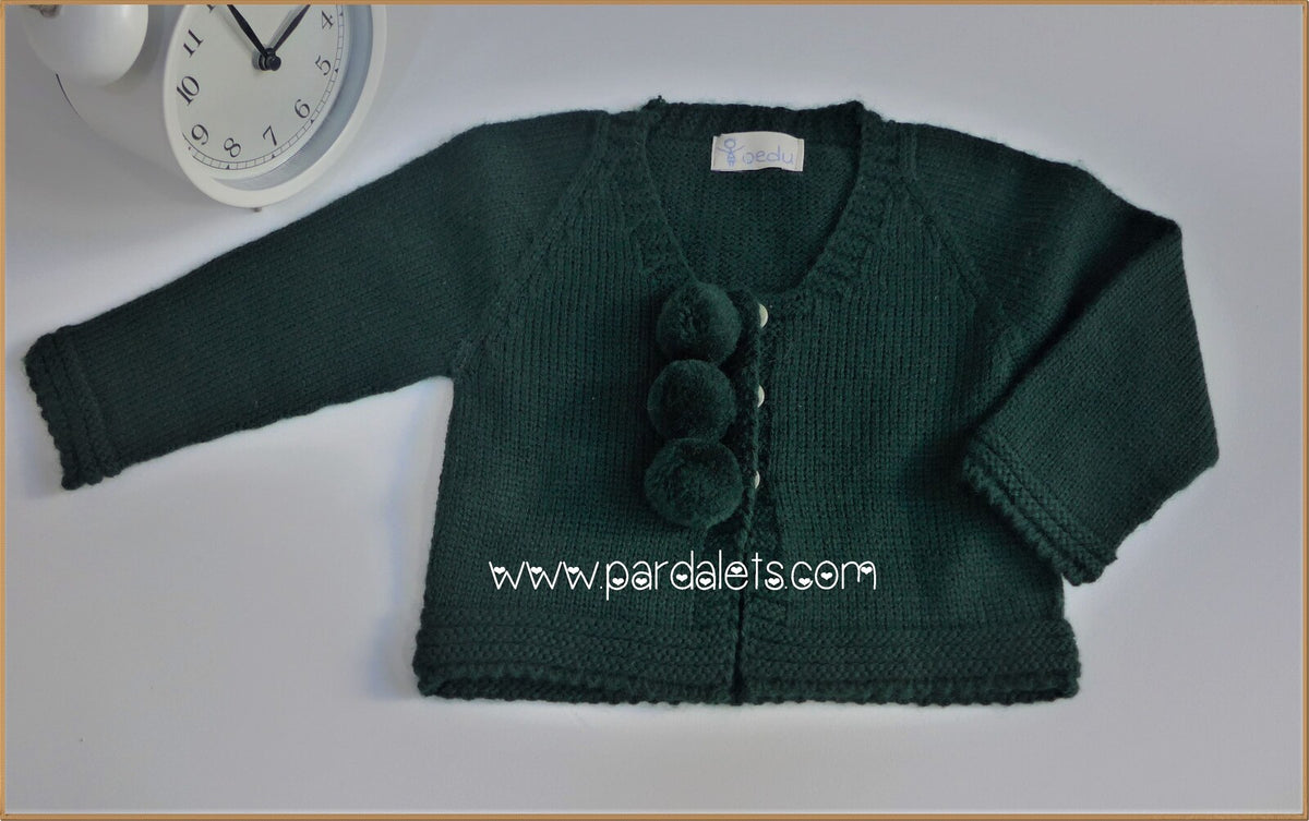 Chaqueta lana verde botella 3 pompones