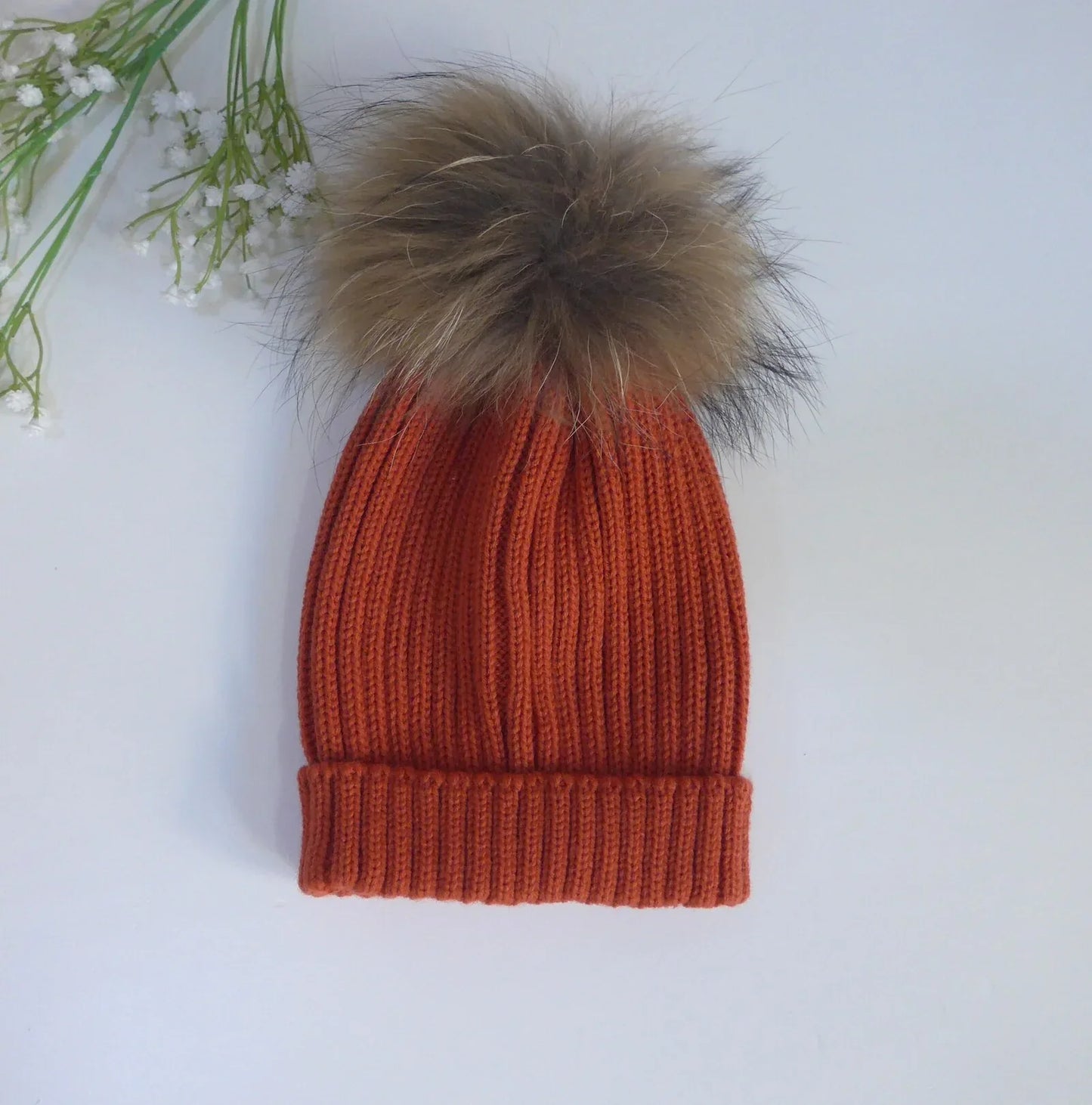 Gorro lana teja canale pompon pelo natural - PARDALETS
