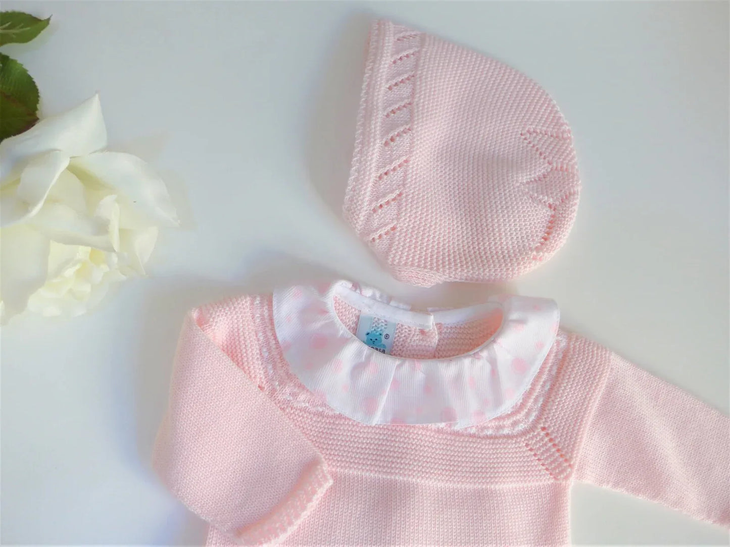 Jubon y polaina algodón rosa bebé cuello volante - PARDALETS