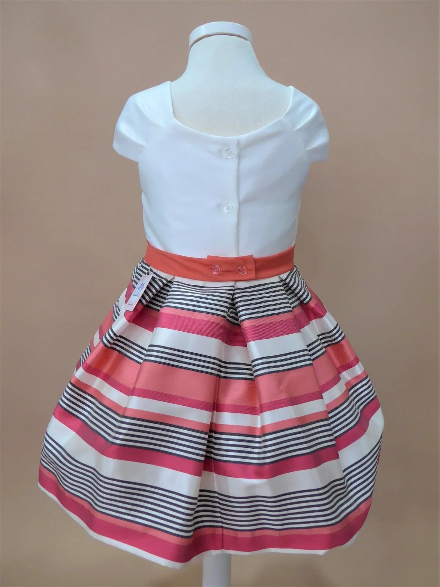 Vestido cuerpo blanco y falda rayitas rosas y grises - PARDALETS