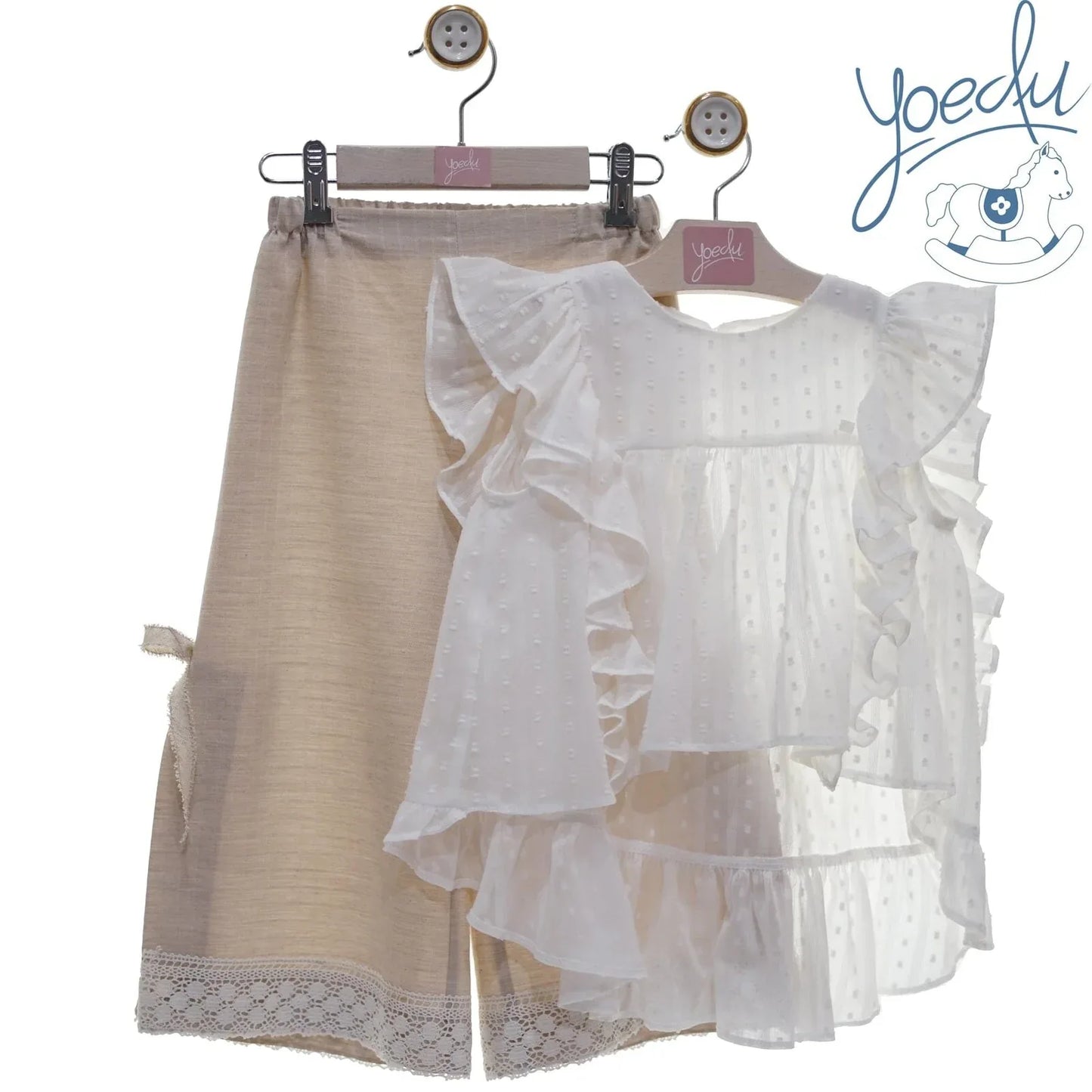 Conjunto blusa blanco roto plumeti y pantalón largo lino "Egipto" - PARDALETS