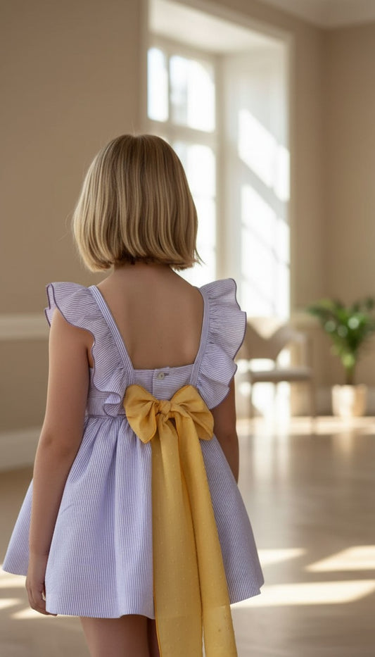 Vestido rayitas lila con volantes y lazito mostaza