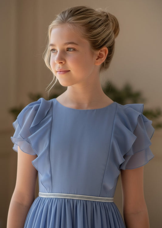 Vestido gasa azul con volantes