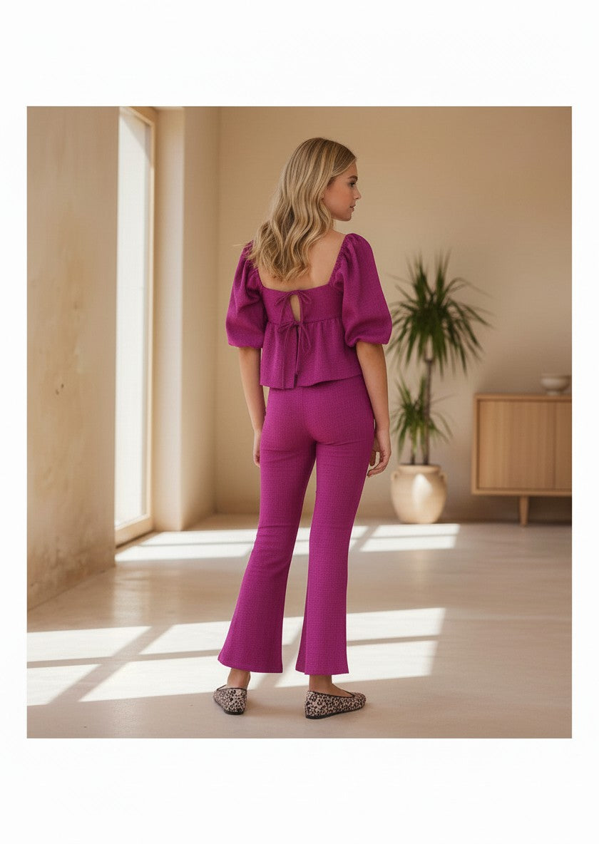 Conjunto buganvilla camisa lazada espalda y pantalón flare