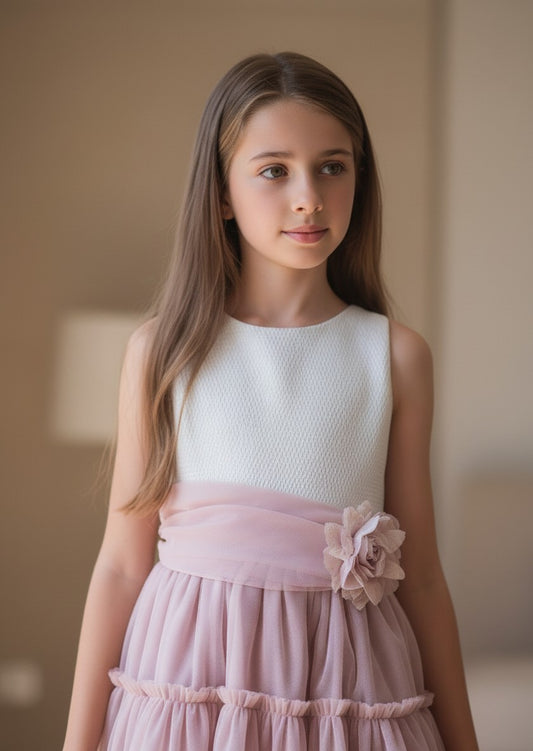 Vestido cuerpo brocado rosa y dorado con falda tul rosa