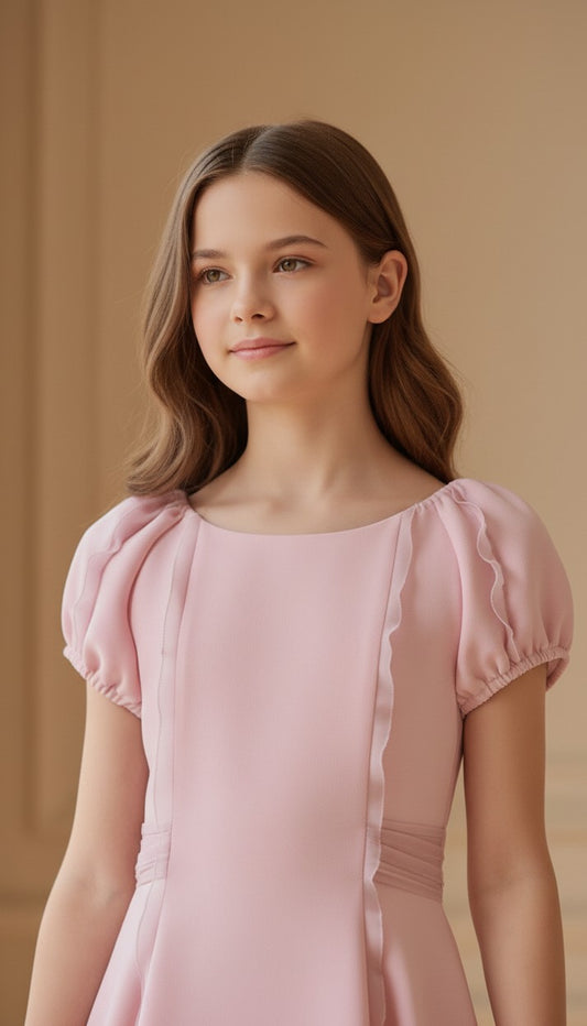 Vestido doble tela rosa bebe con volantes de organza y lazada