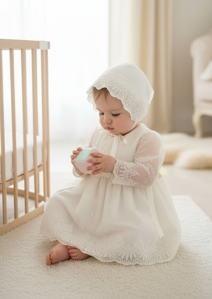 Vestido tul bordado beig con capota y braguita
