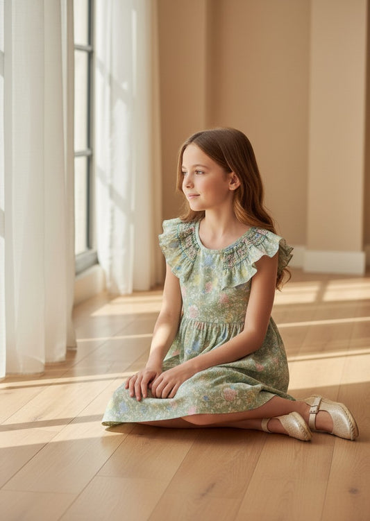 Vestido flores verdes y rosas con lazo rosa "Wabi-Sabi"