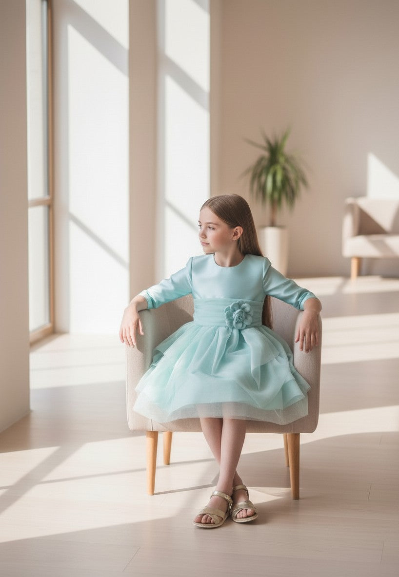 Vestido mikado verde agua con tul y lazada