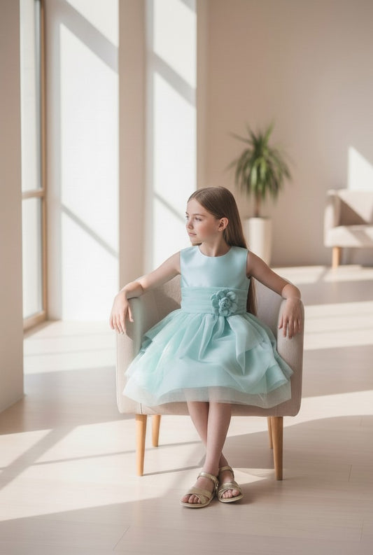 Vestido mikado verde agua con tul y lazada