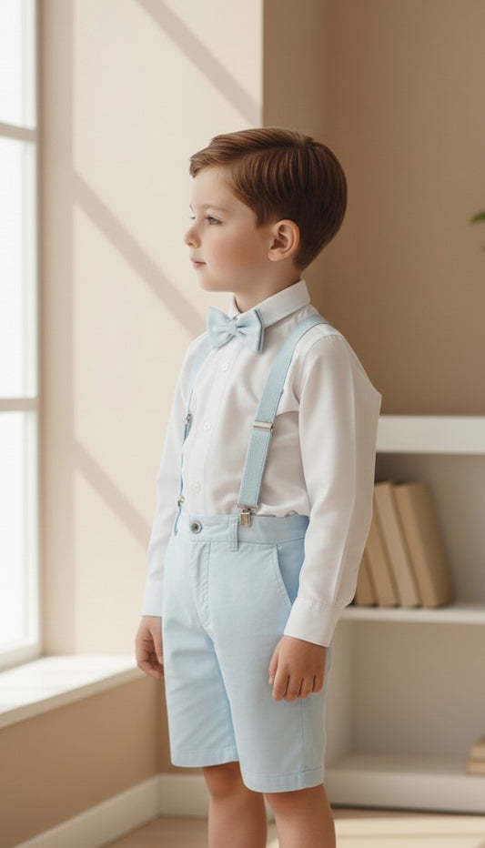 Conjunto camisa, short, tirantes y pajarita color hielo