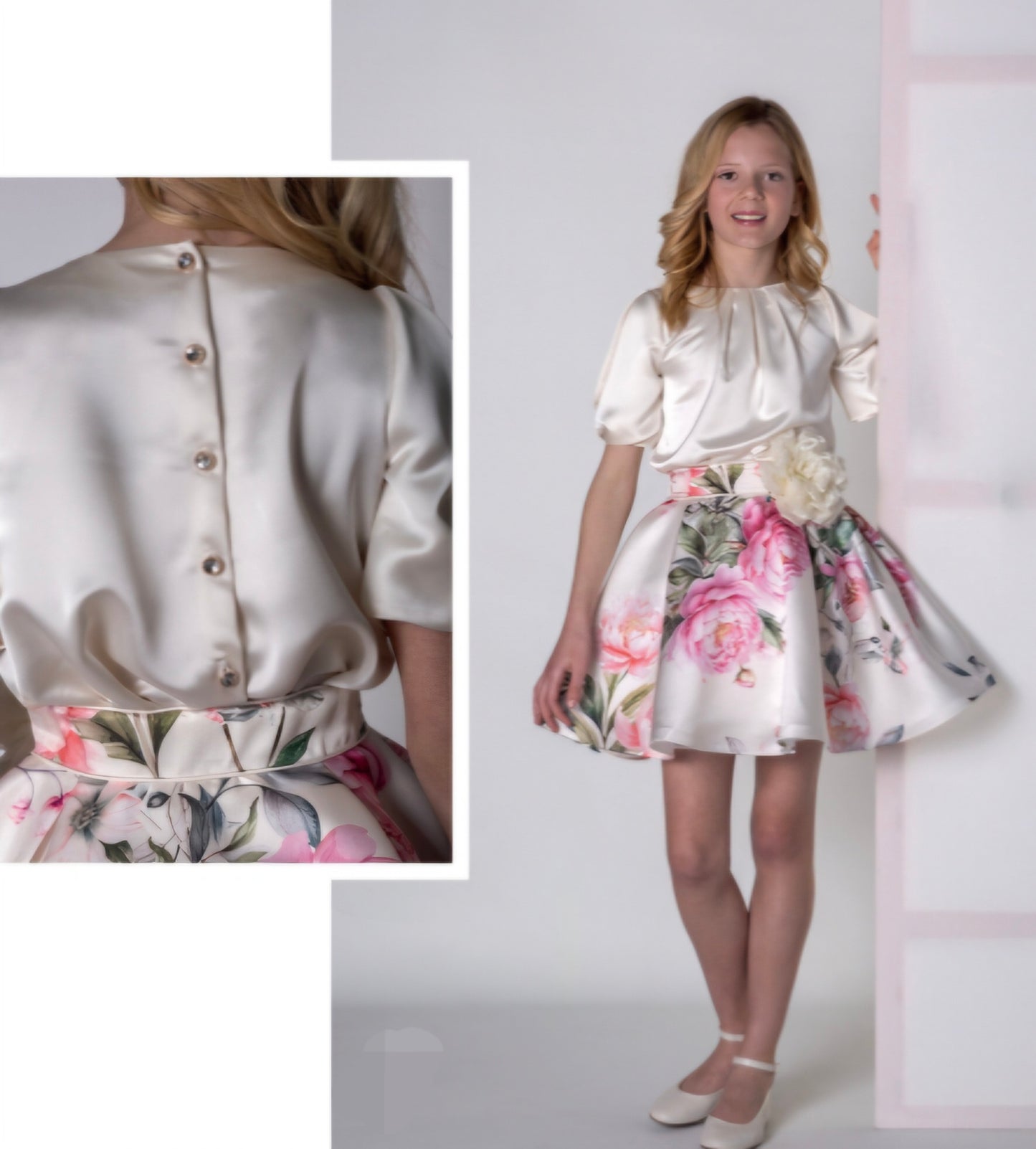 Conjunto blusa saten beig y falda estampada flores con rosetón