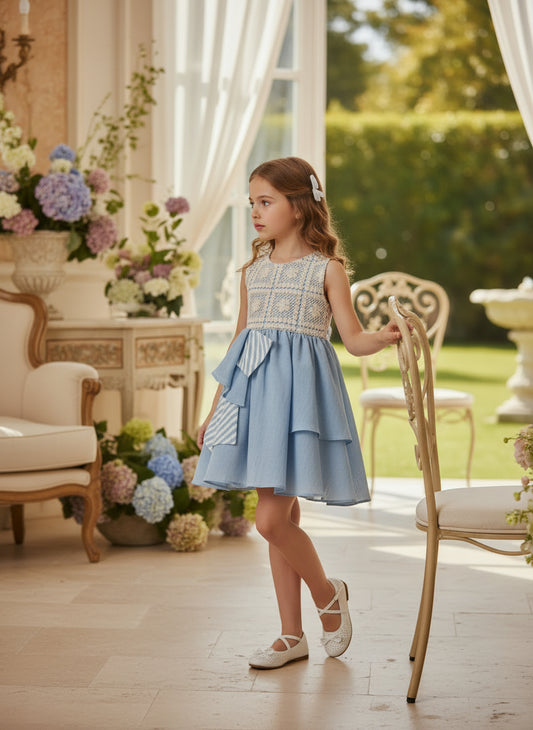 Vestido gasa azul y cuerpo crochet beig "Nagare"