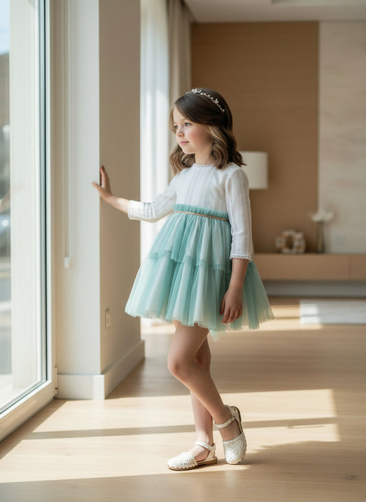 Vestido manga francesa y tul verde