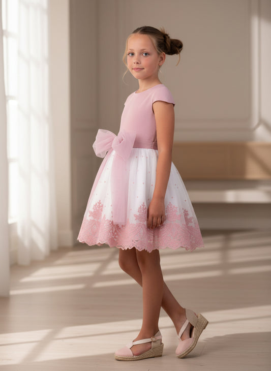 Vestido malva y falda tul bordado con lazada malva