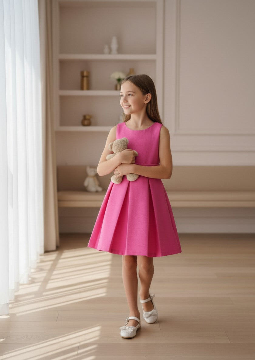 Vestido mikado cuadrille fucsia con lazada