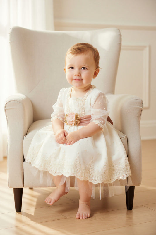 Vestido tul bordado beig manguita francesa y fajin rosa