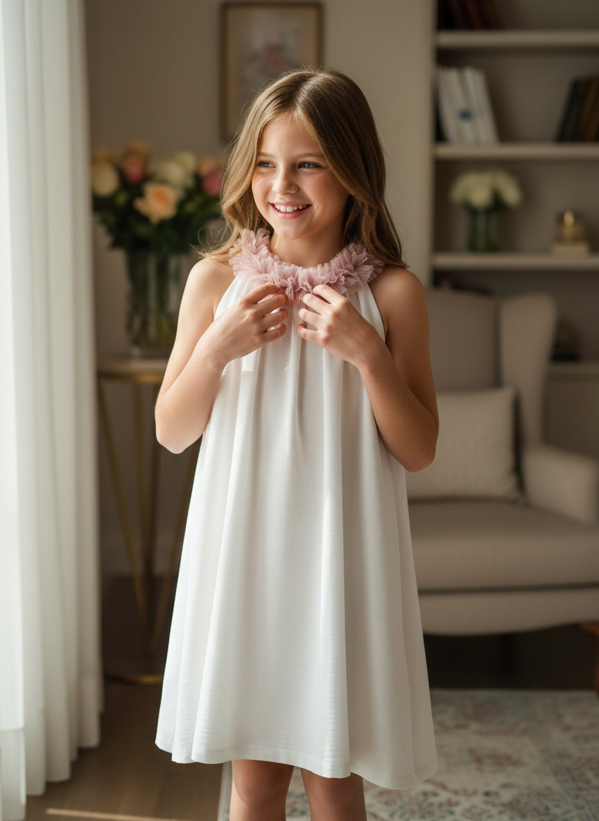 Vestido blanco evase y tul rosa