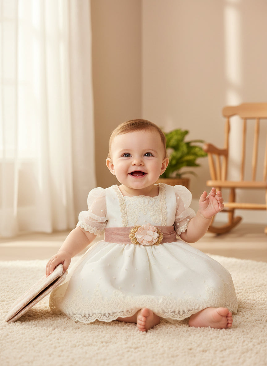 Vestido tul bordado beig manguita francesa y fajin rosa