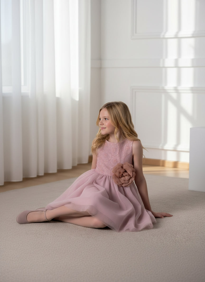 Vestido tul rosa maquillaje con rosetón