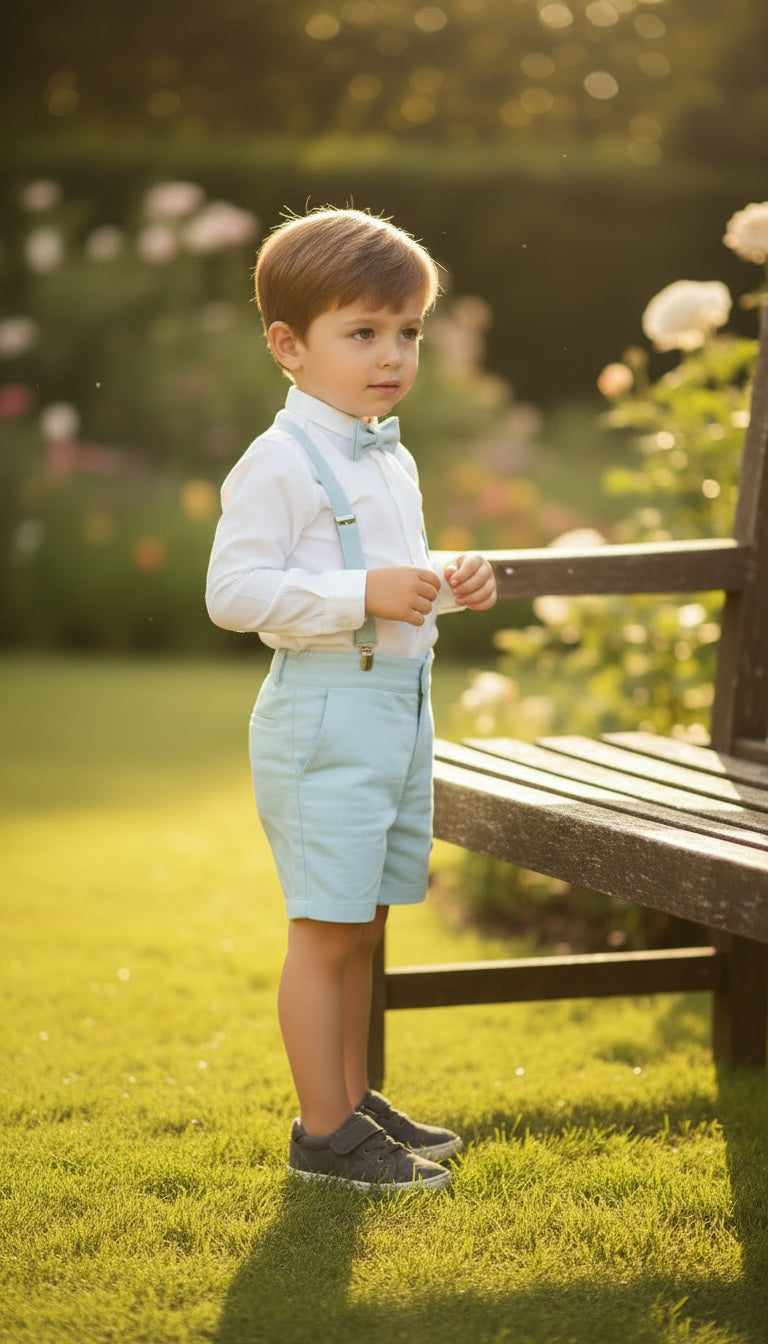 Conjunto camisa lino, short, tirantes y pajarita verde