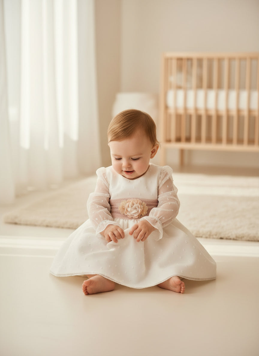 Vestido tul de plumeti y fajín tul rosa empolvado