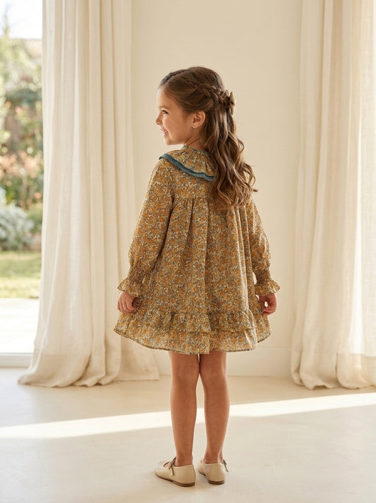 Vestido estampado flores turquesa y mostaza "Simba"