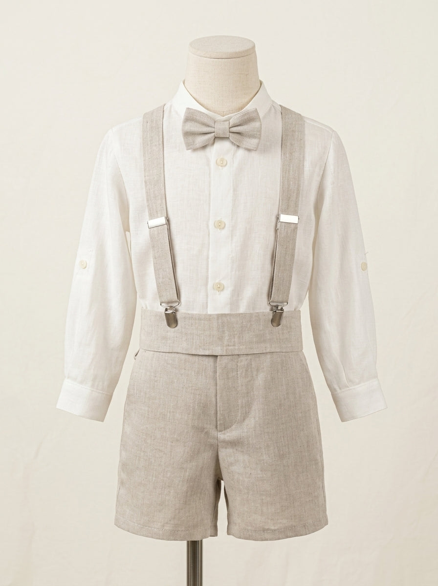 Conjunto camisa lino beig y short arena con fajin y pajarita