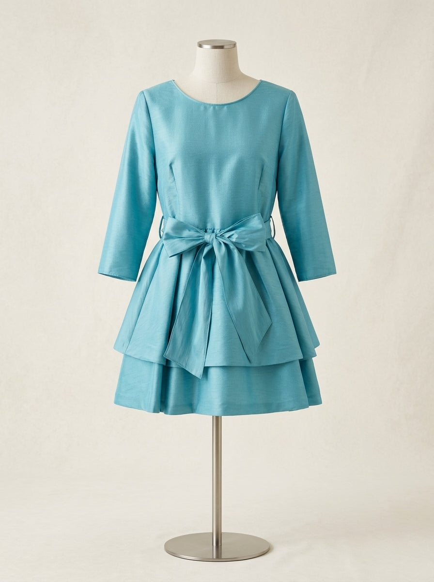 Vestido seda salvaje turquesa con dos volantes