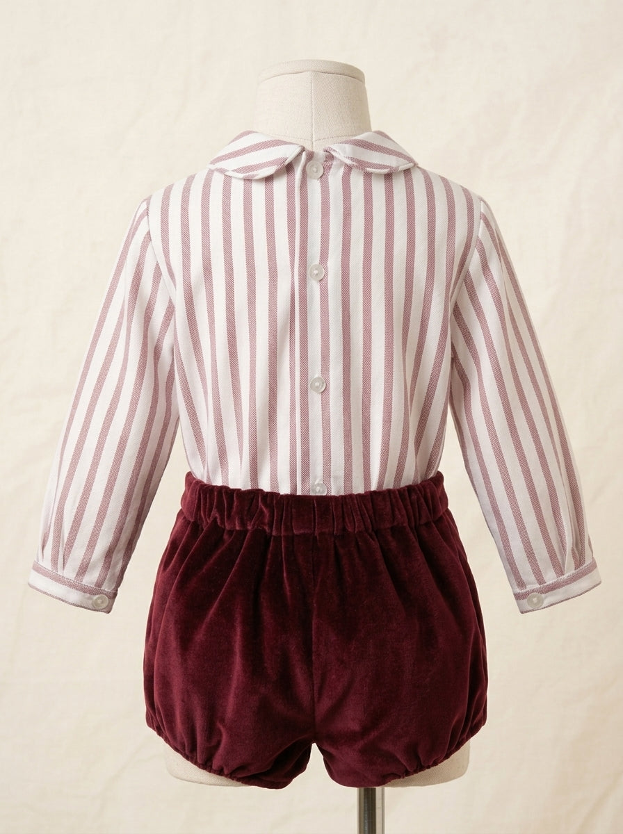 Conjunto camisa rayas granate y bombacho terciopelo granate