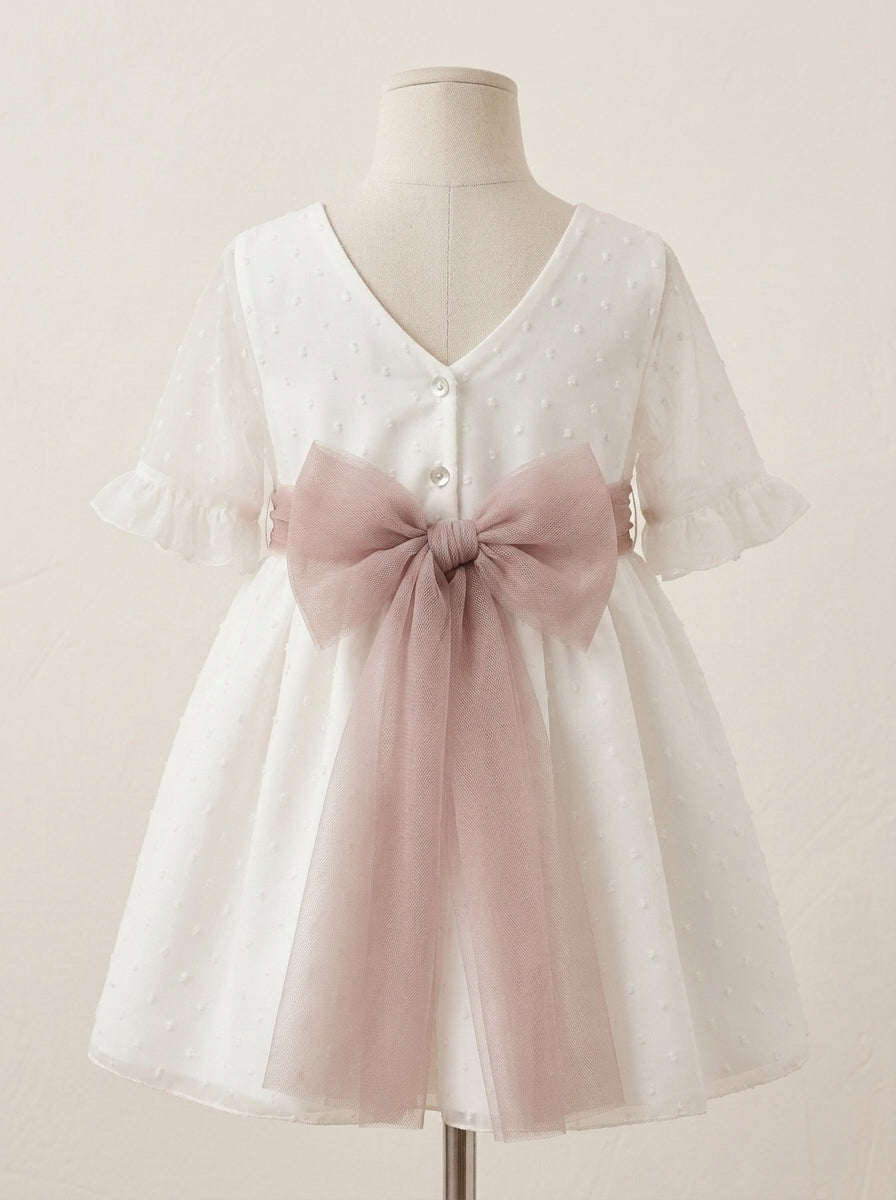 Vestido tul de plumeti y fajín tul rosa empolvado