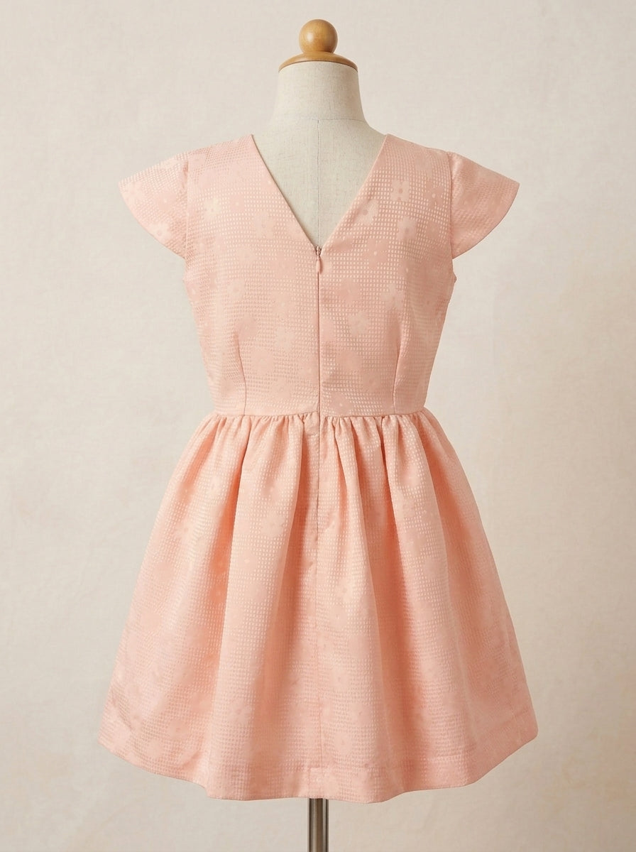 Vestido mikado brocado flores salmon