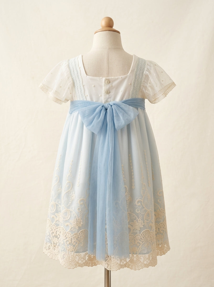 Vestido talle alto tul bordado azul